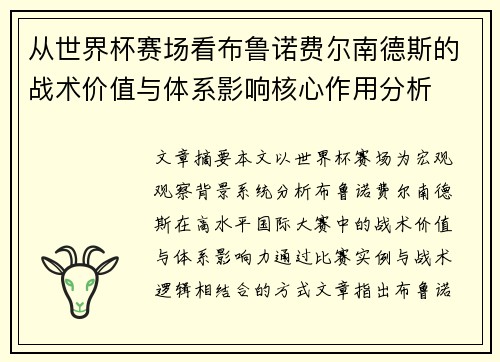 从世界杯赛场看布鲁诺费尔南德斯的战术价值与体系影响核心作用分析