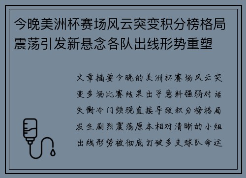 今晚美洲杯赛场风云突变积分榜格局震荡引发新悬念各队出线形势重塑